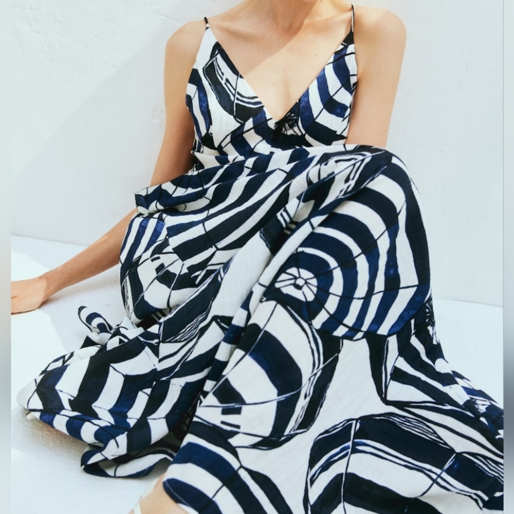 STORE CLOSING! H&M Long Strappy Dress White/navy Blue Patterned Fitted Bodice N - Picture 5 of 14